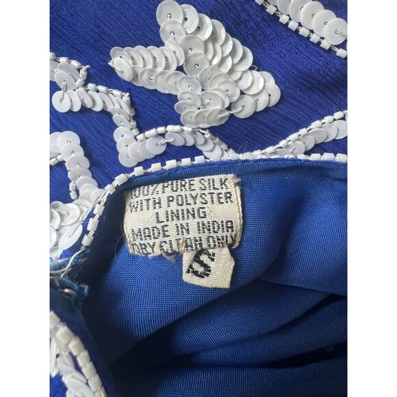 Vintage Swee Lo | Blue + White Sequin Silk Cocktail Dress | Size Small - Picture 4 of 6